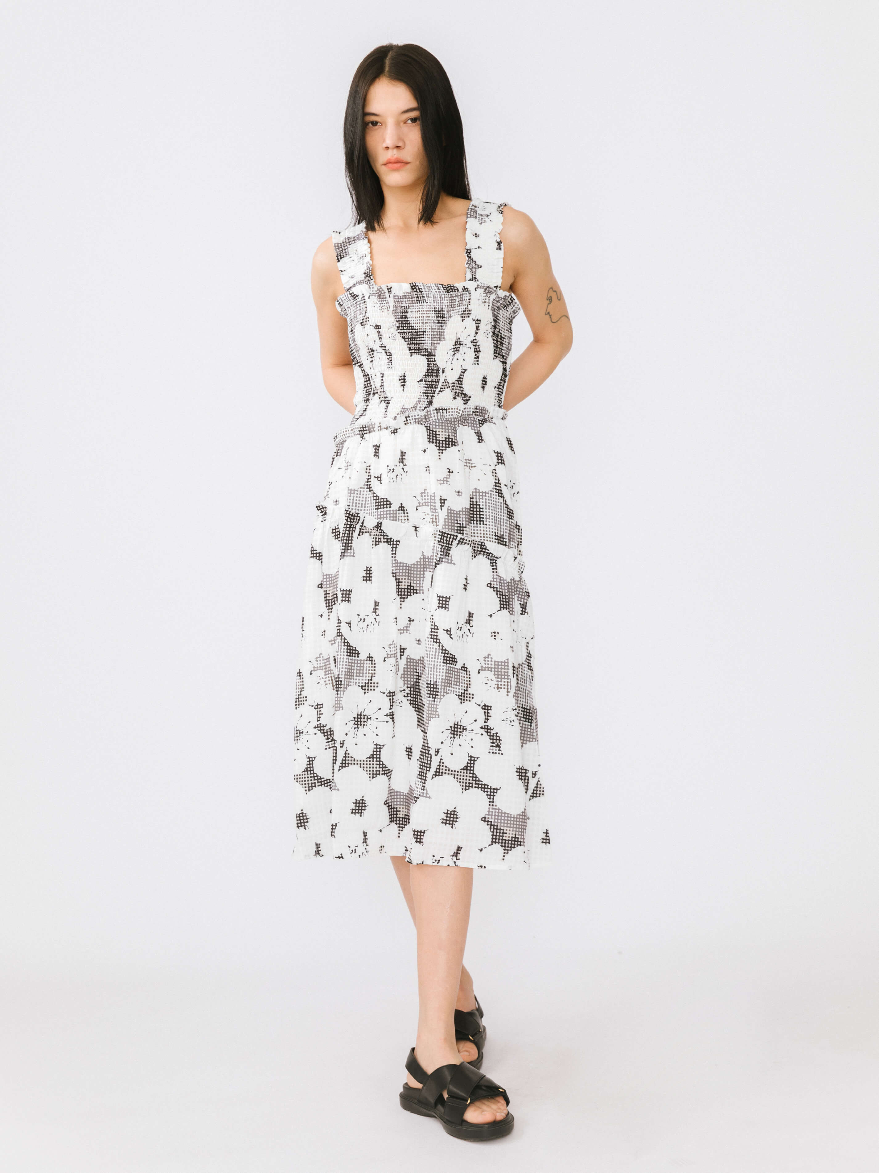 Plaid and Floral A-line Midi Dress-3