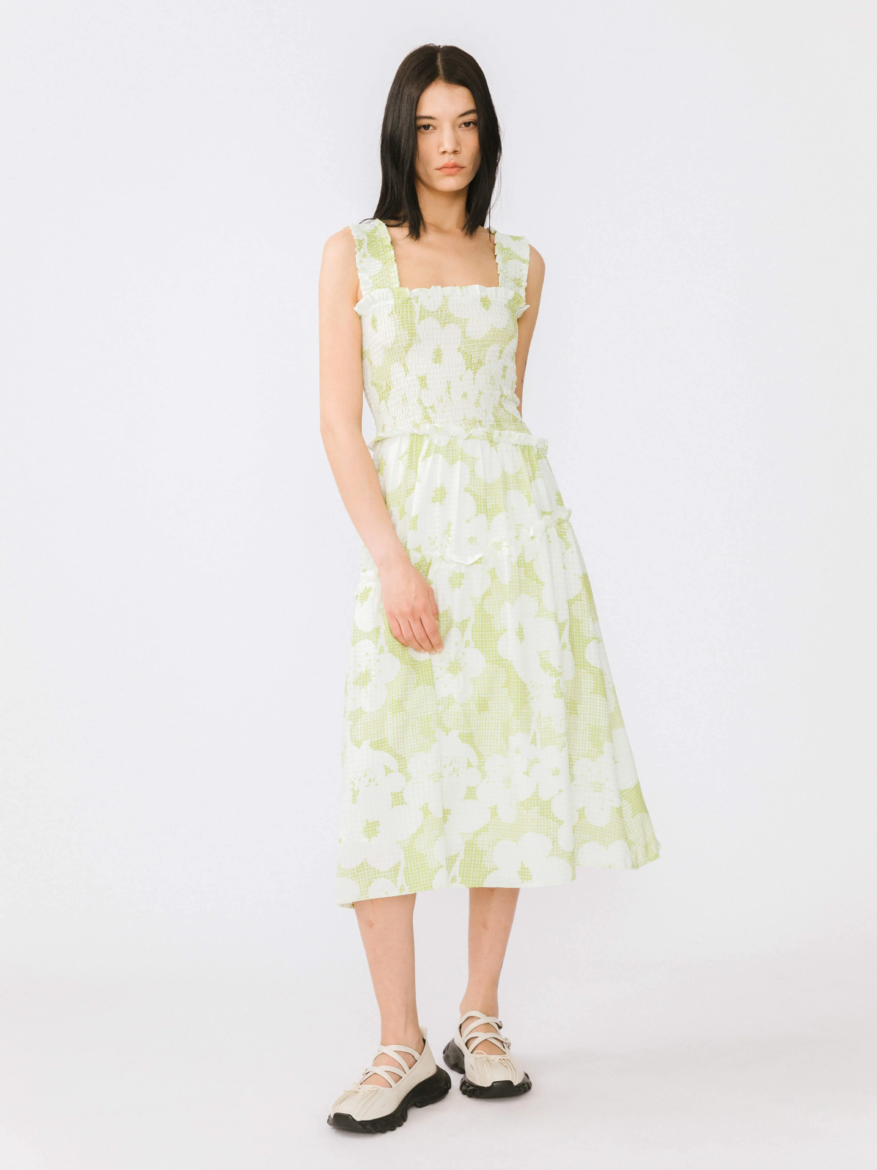 Plaid and Floral A-line Midi Dress-4