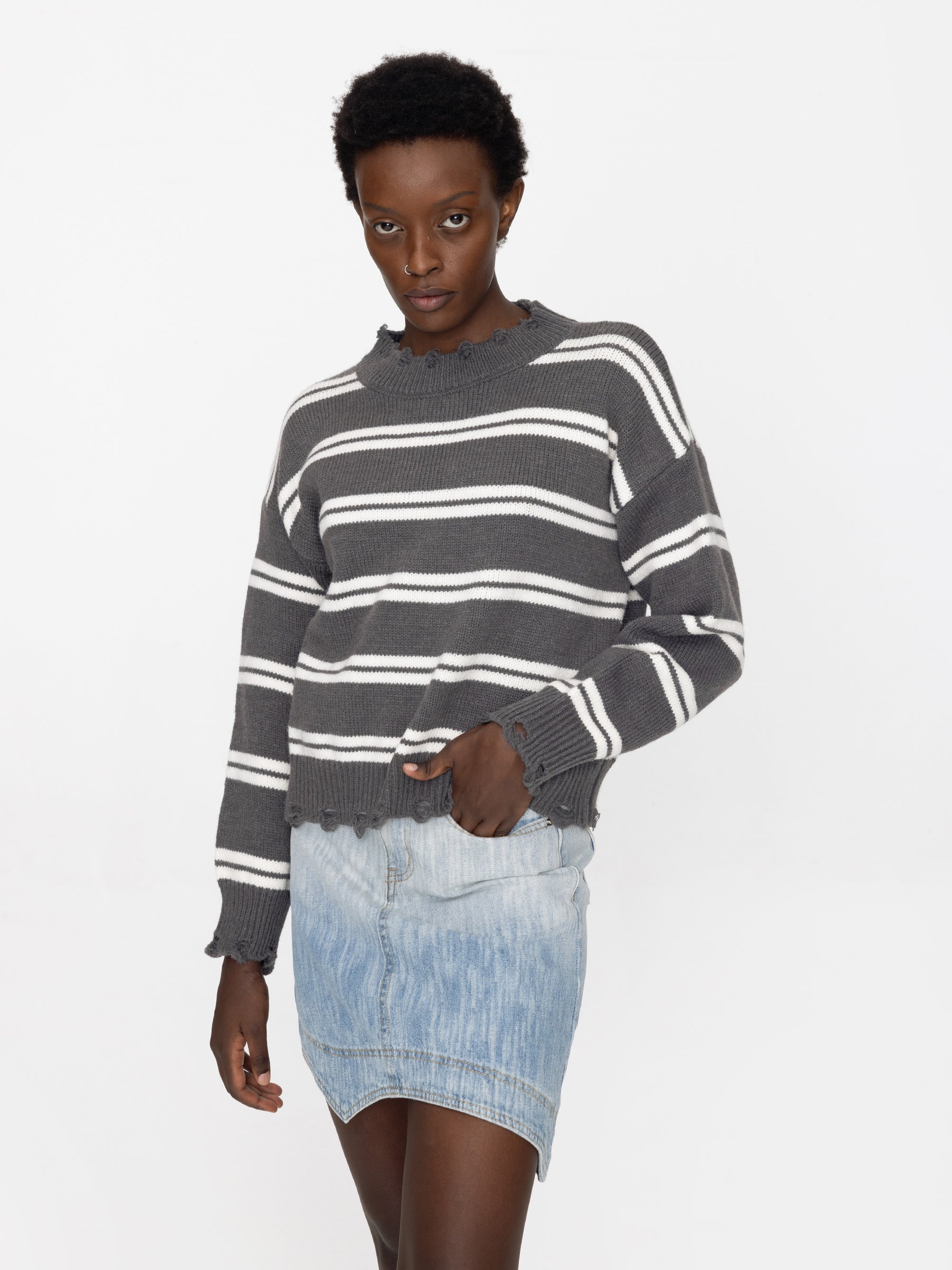 Distressed Striped Knit Sweater-6