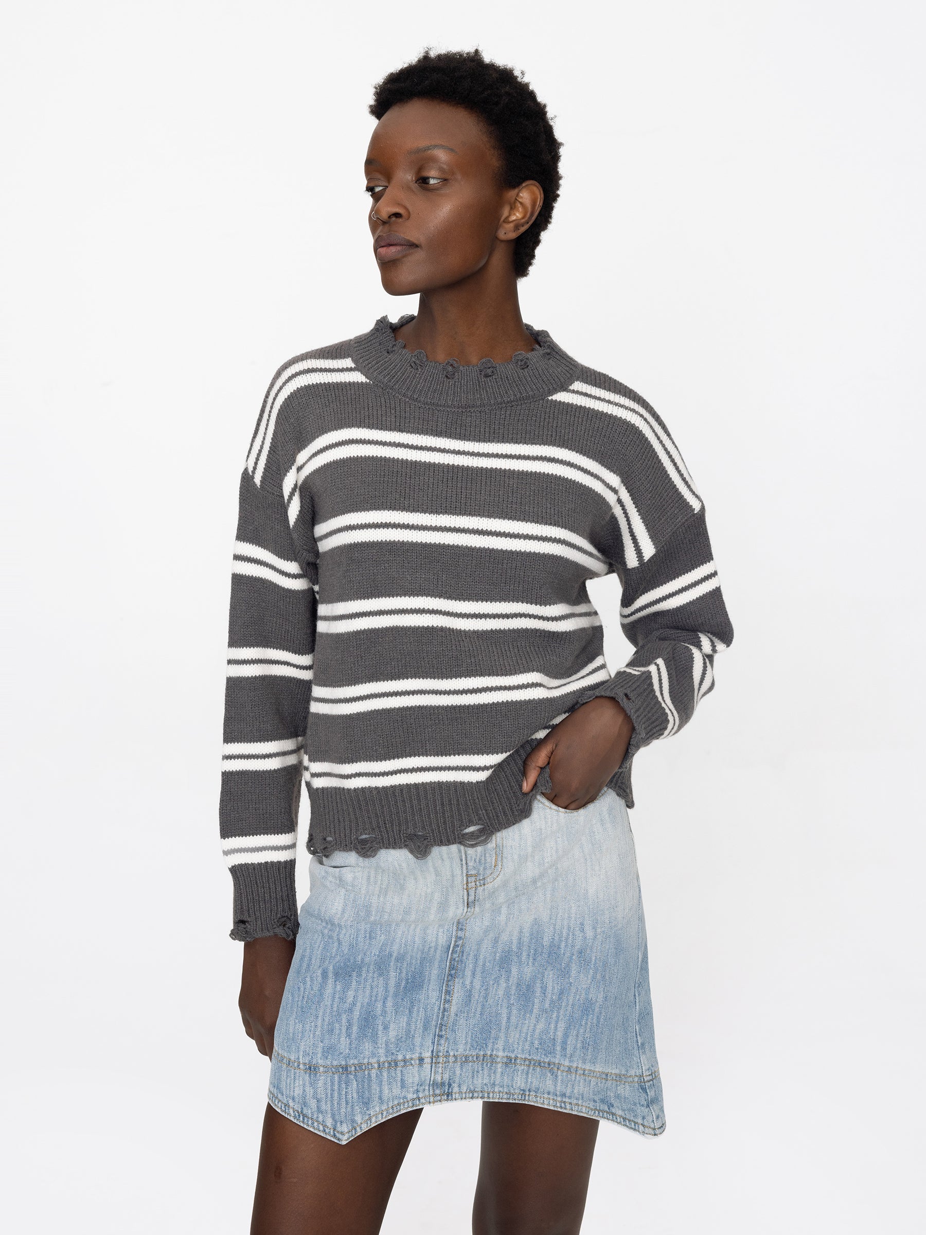 Distressed Striped Knit Sweater-7
