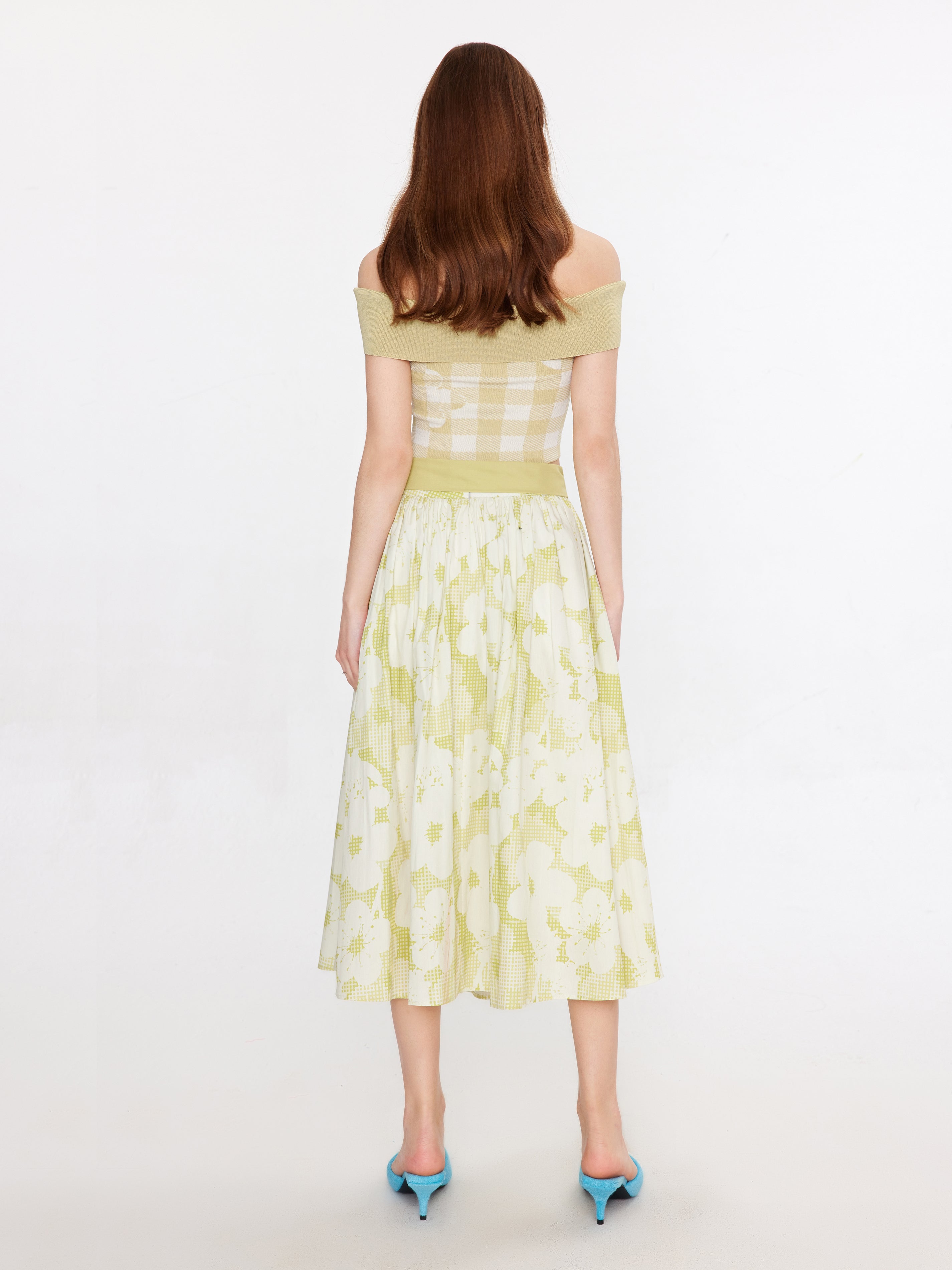 Plaid and Floral A-line Midi Skirt-6