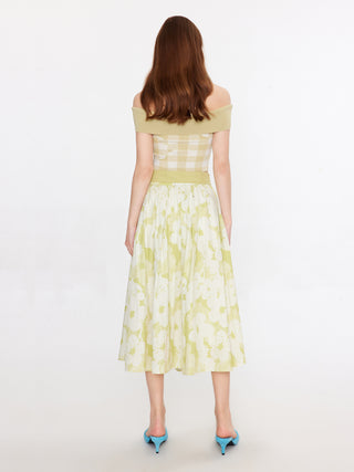 Plaid and Floral A-line Midi Skirt
