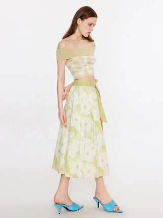 Plaid and Floral A-line Midi Skirt