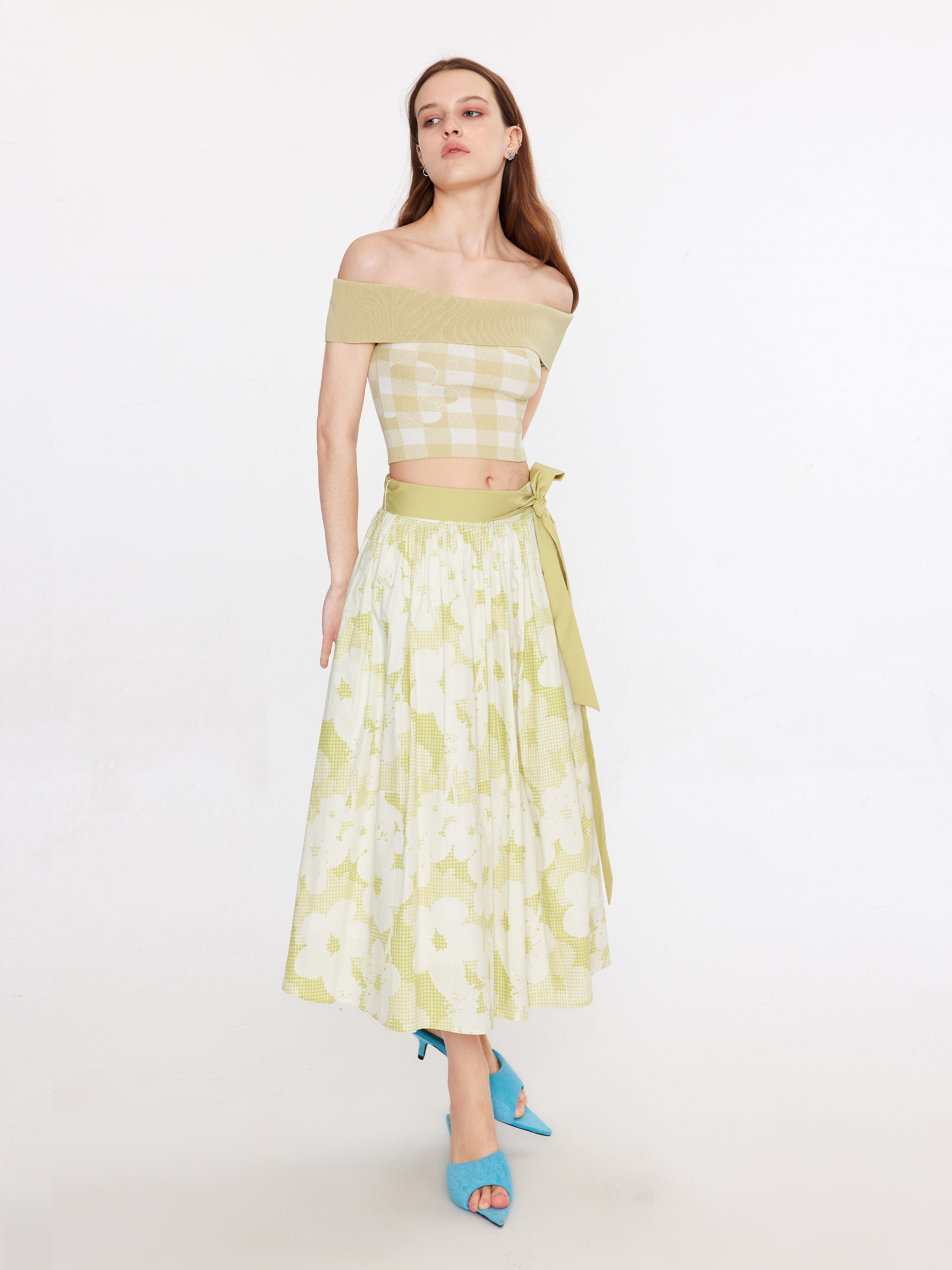 Plaid and Floral A-line Midi Skirt-3