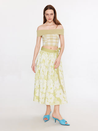 Plaid and Floral A-line Midi Skirt