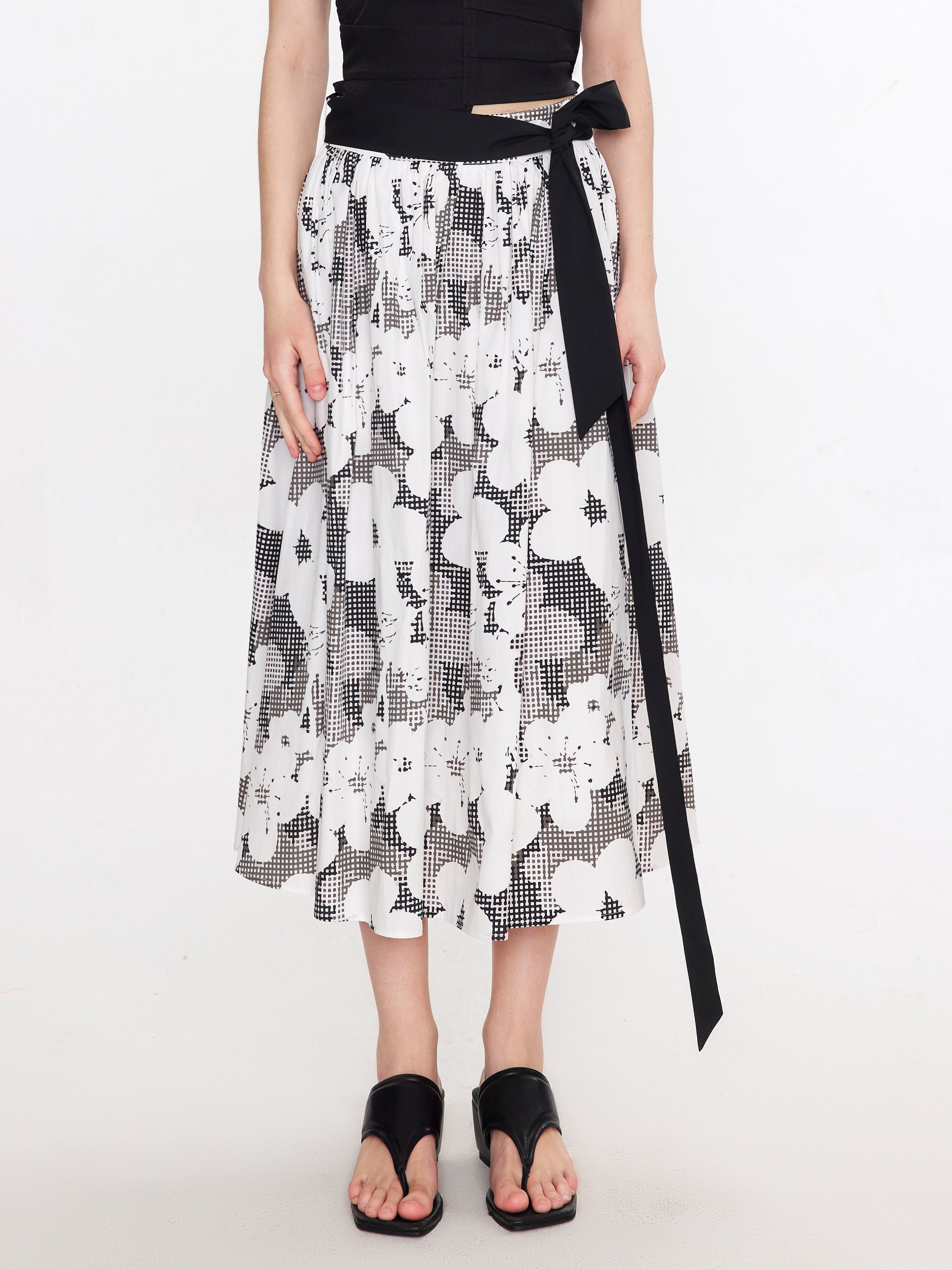 Plaid and Floral A-line Midi Skirt-11