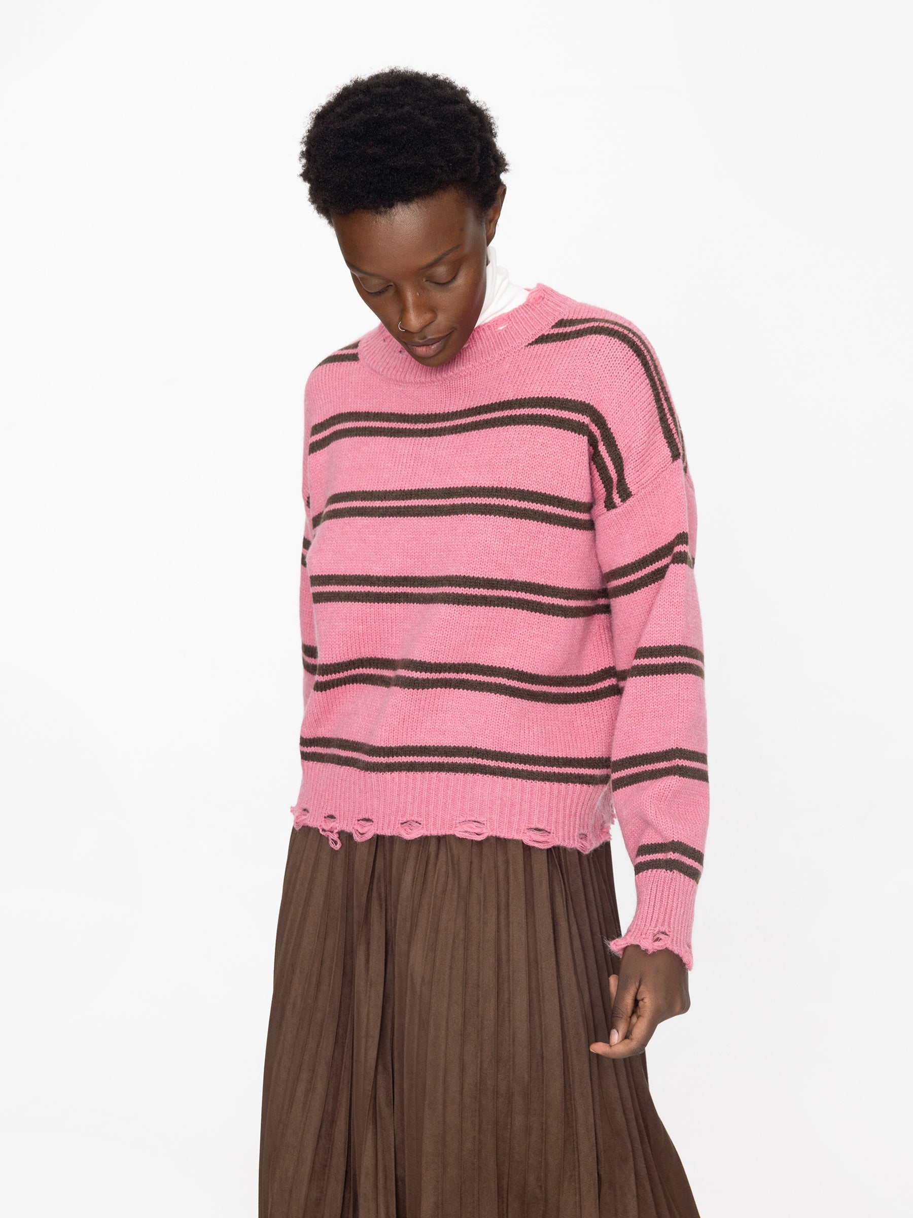 Distressed Striped Knit Sweater-17