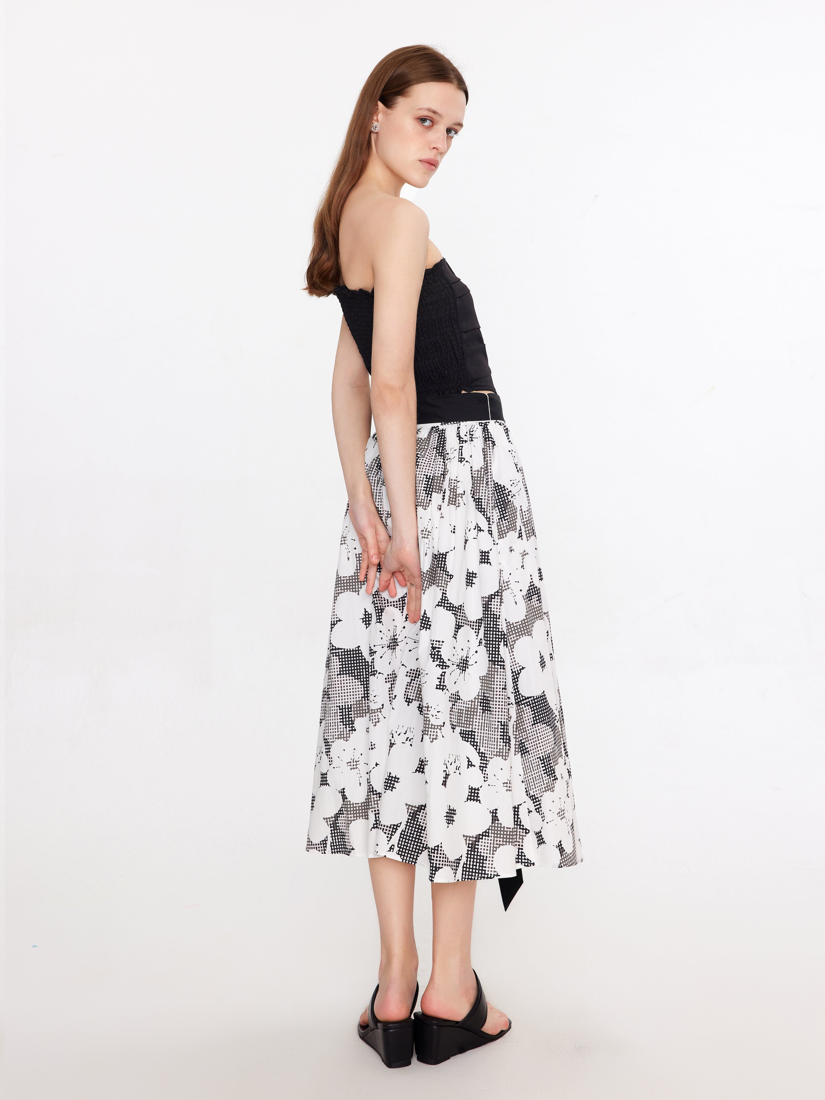 Plaid and Floral A-line Midi Skirt-12