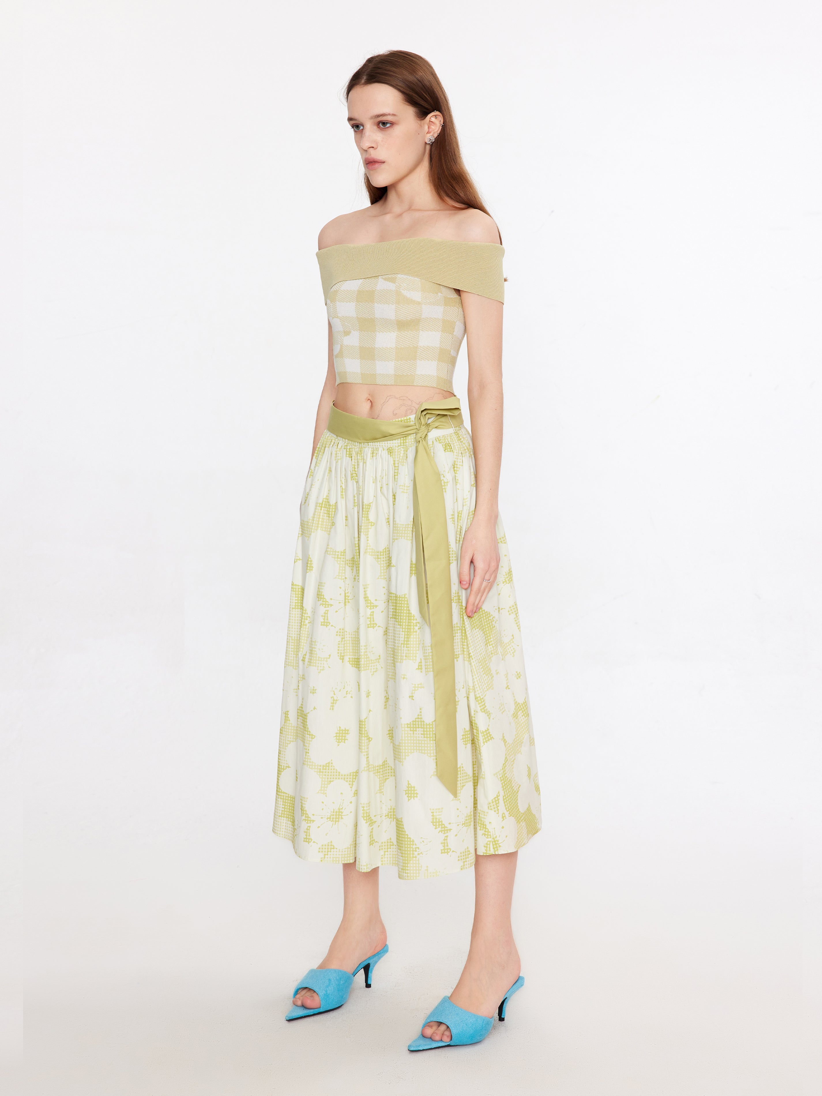 Plaid and Floral A-line Midi Skirt-4