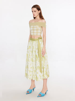 Plaid and Floral A-line Midi Skirt