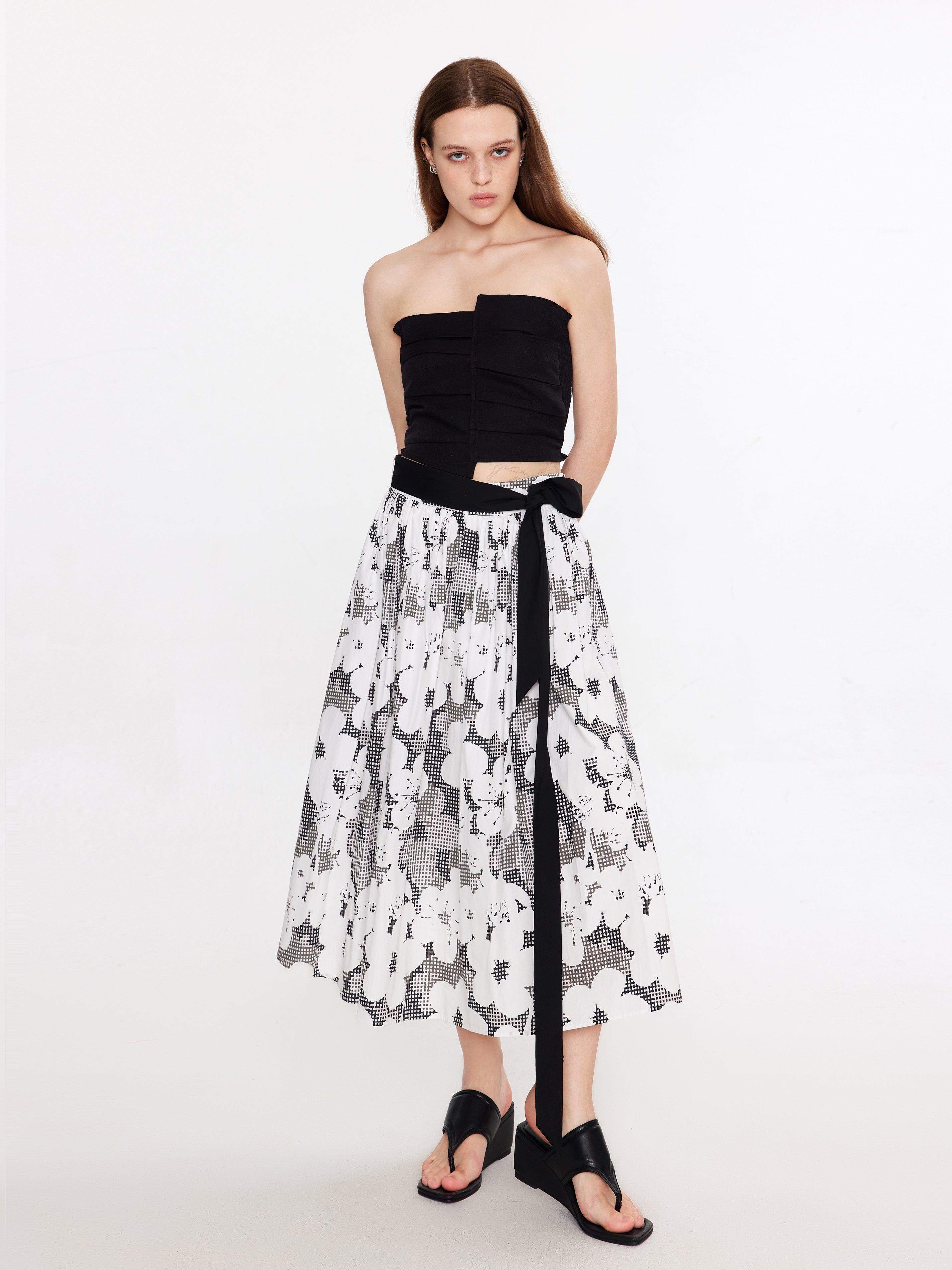 Plaid and Floral A-line Midi Skirt-2